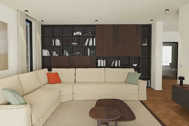 Rendering eines neugestalteten Wohnzimmers mit heller Couch und großer Schrankwand